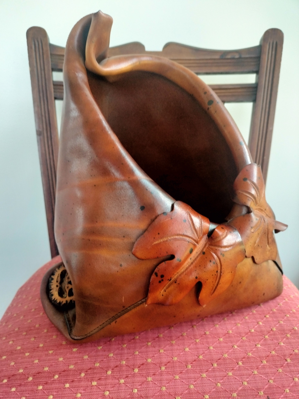 Handmade Brown Leather Hobo Accent with Leaf Motif
